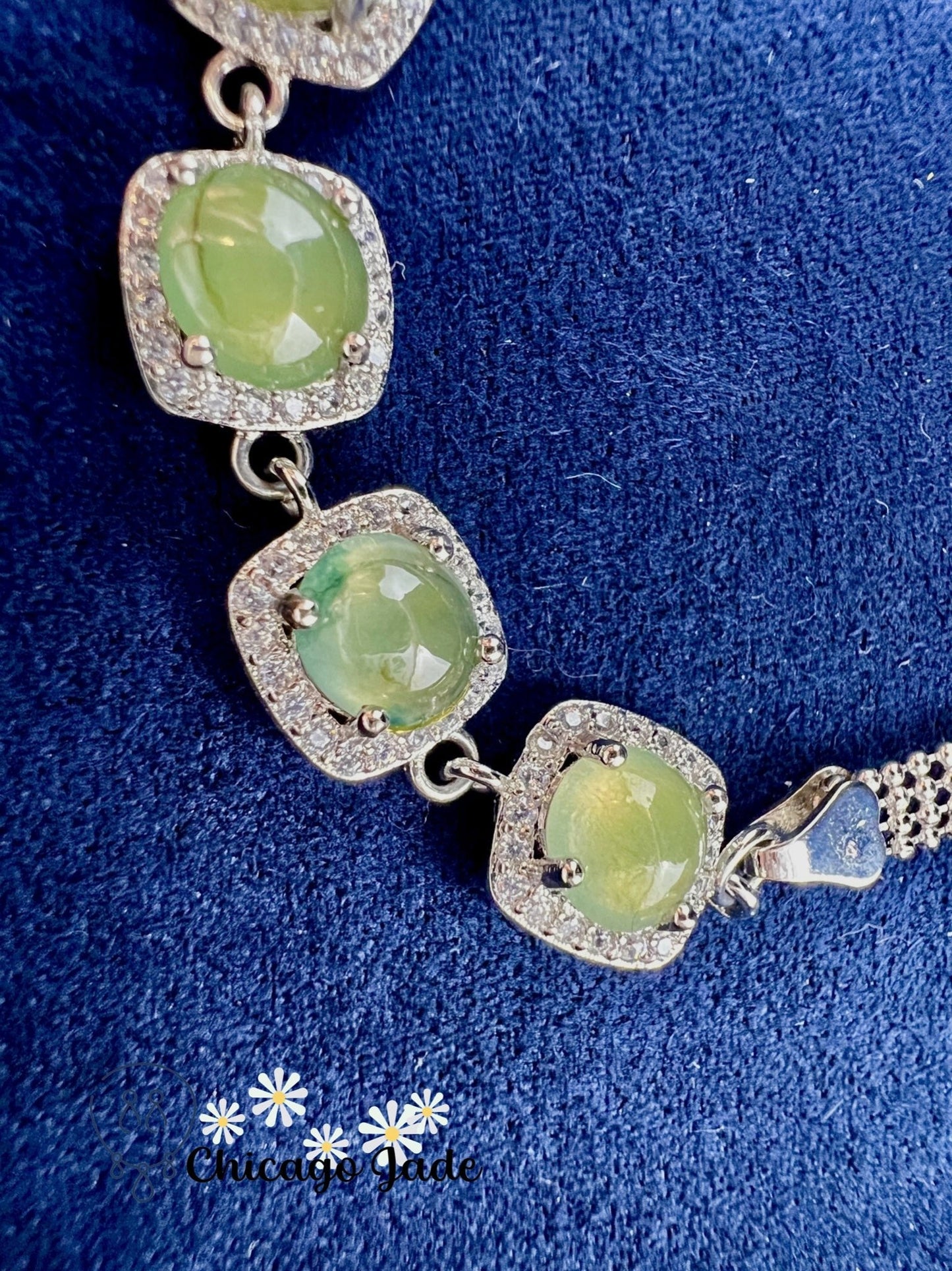 925 S0009B Grape Green Jadeite Sterling Silver Set Bracelet缅料银镶橄榄绿公主镶翡翠手链 - Chicago JadebraceletsilverChicago Jade