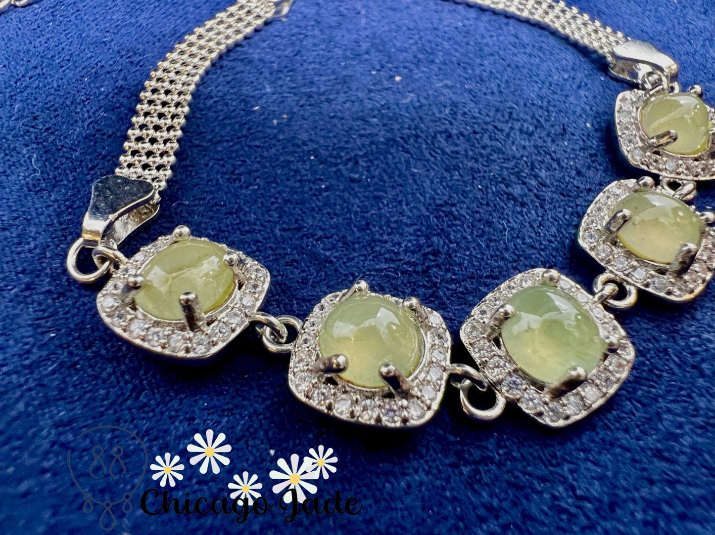 925 S0009B Grape Green Jadeite Sterling Silver Set Bracelet缅料银镶橄榄绿公主镶翡翠手链 - Chicago JadebraceletsilverChicago Jade