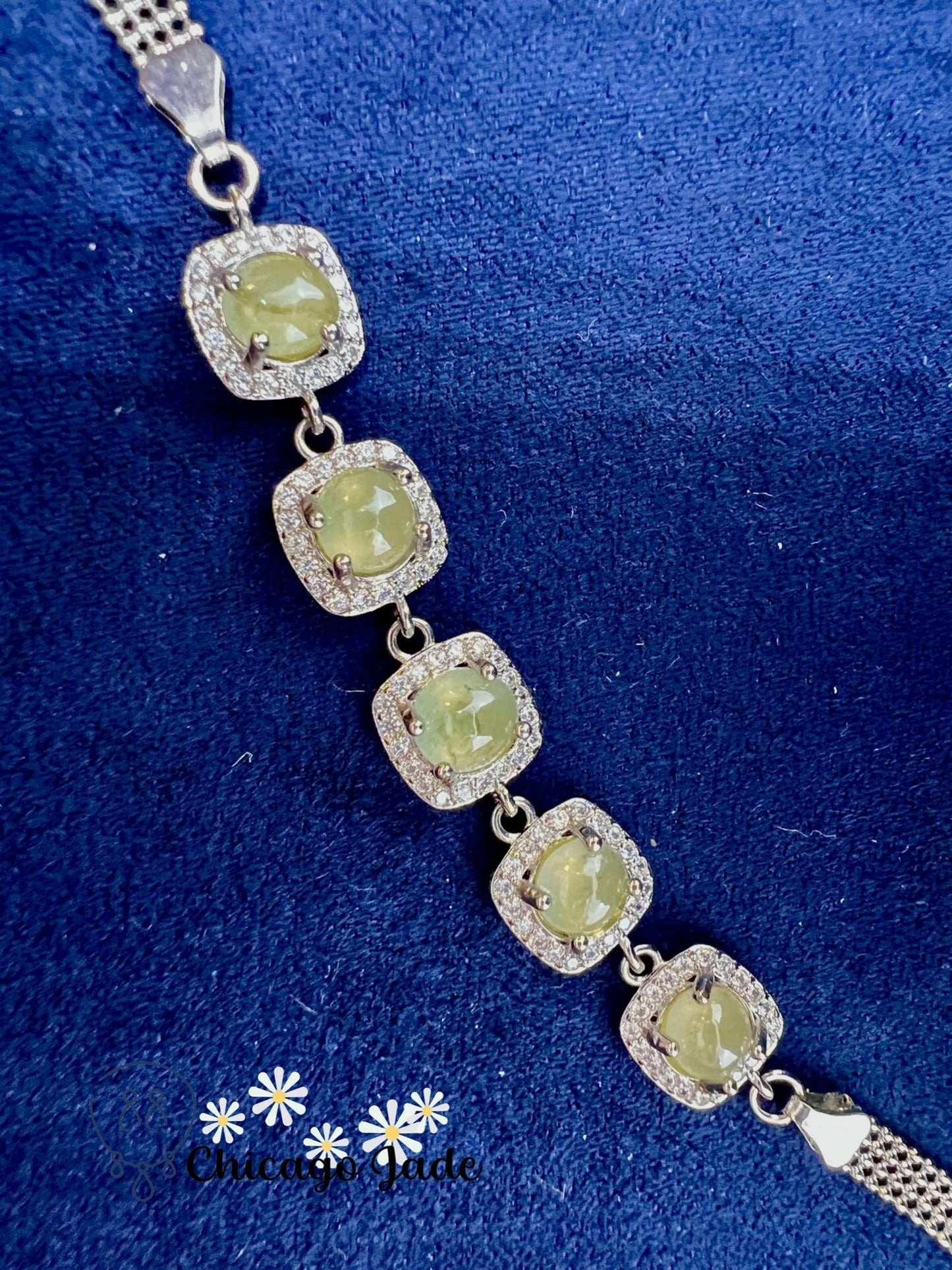 925 S0009B Grape Green Jadeite Sterling Silver Set Bracelet缅料银镶橄榄绿公主镶翡翠手链 - Chicago JadebraceletsilverChicago Jade