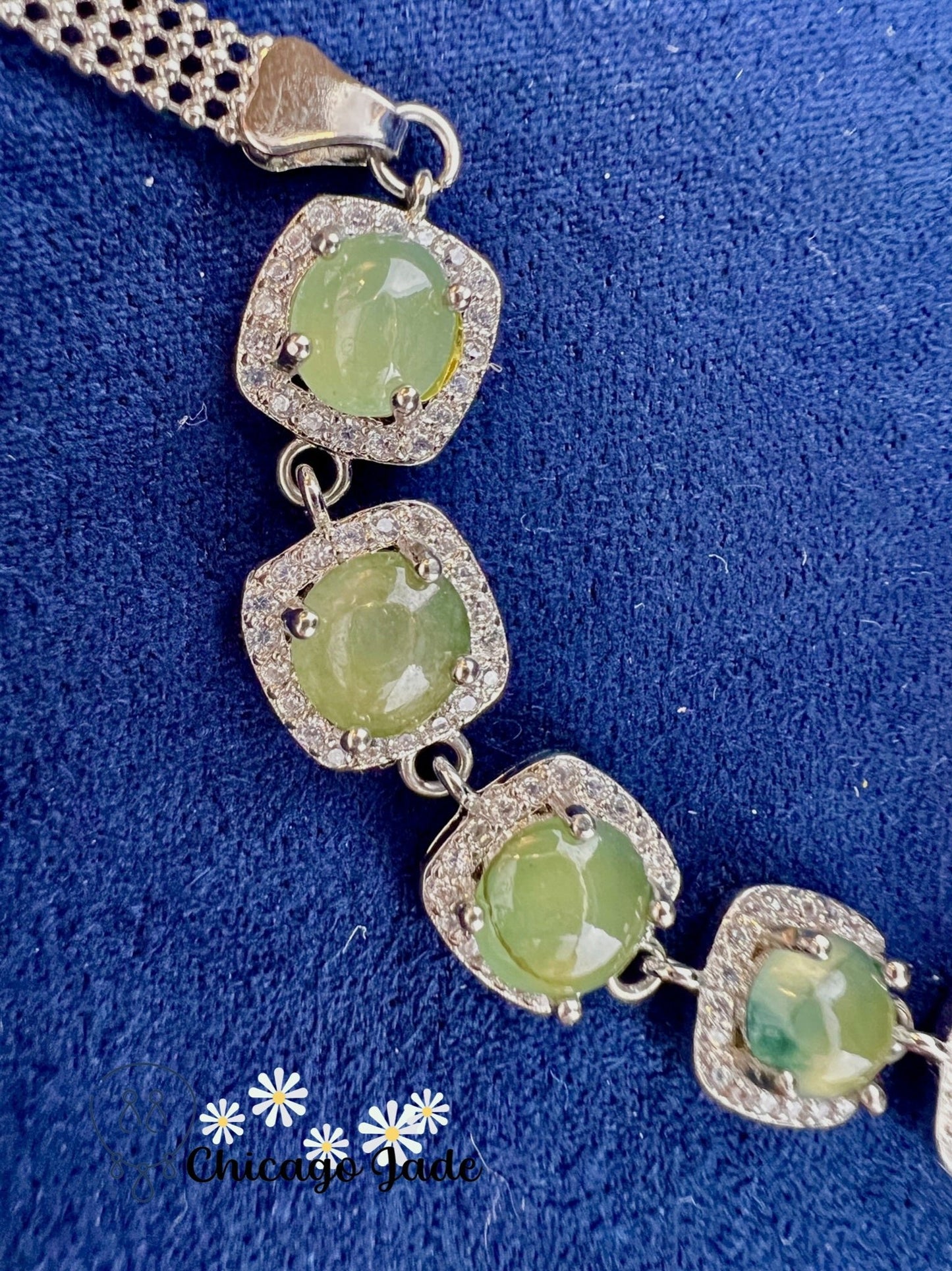 925 S0009B Grape Green Jadeite Sterling Silver Set Bracelet缅料银镶橄榄绿公主镶翡翠手链 - Chicago JadebraceletsilverChicago Jade