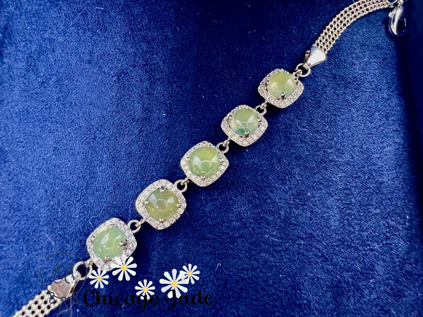 925 S0009B Grape Green Jadeite Sterling Silver Set Bracelet缅料银镶橄榄绿公主镶翡翠手链 - Chicago JadebraceletsilverChicago Jade