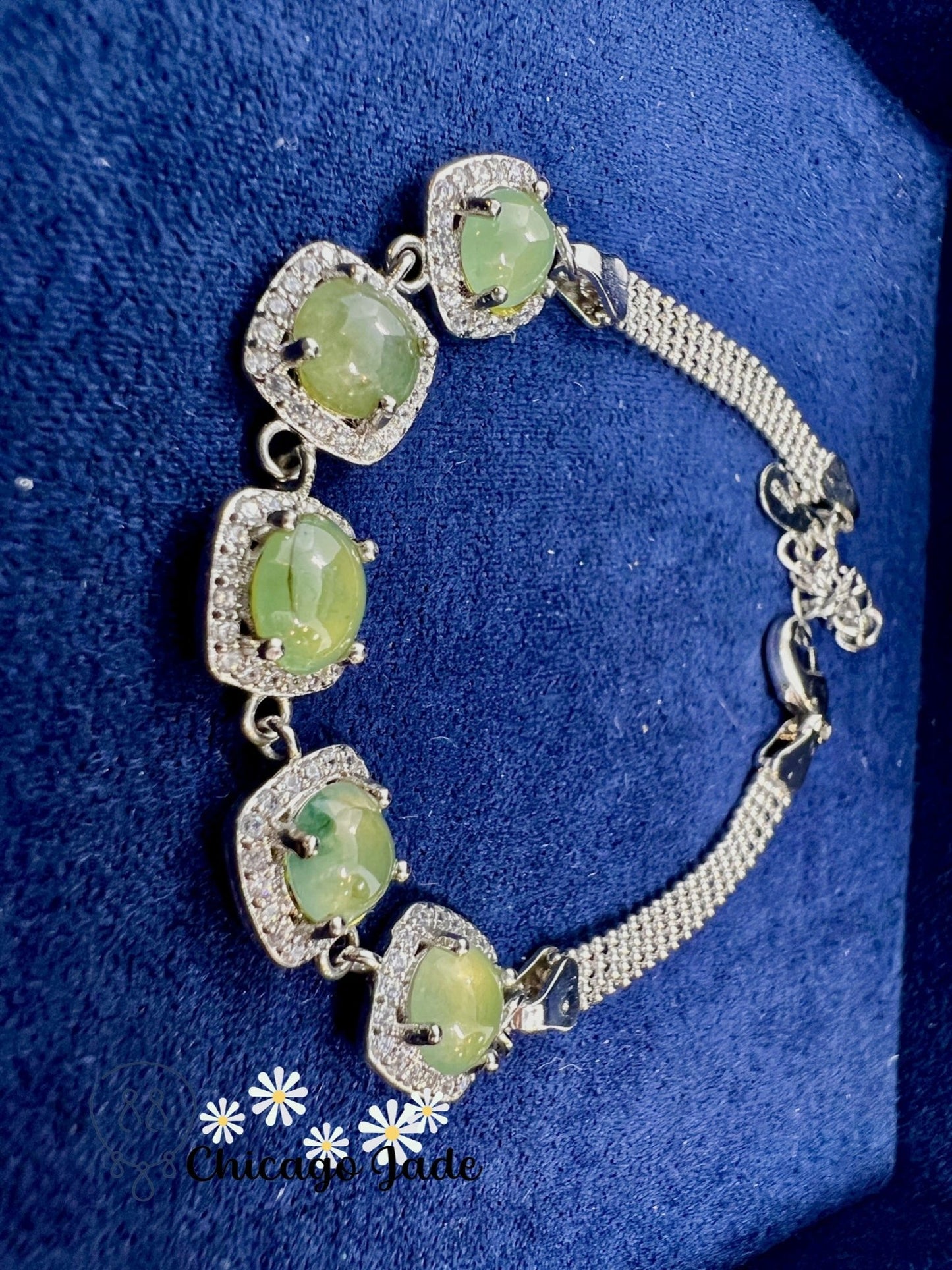 925 S0009B Grape Green Jadeite Sterling Silver Set Bracelet缅料银镶橄榄绿公主镶翡翠手链 - Chicago JadebraceletsilverChicago Jade