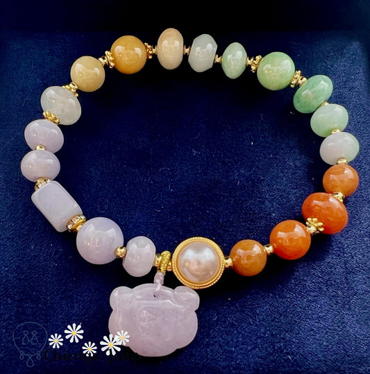 BB0006 Rainbow Jadeite Pearl Carved Beaded Bracelet - Chicago JadebeadedbraceletdesignerChicago Jade