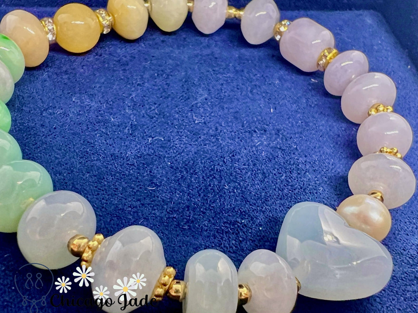 BB0008 Rainbow Jadeite Icy Blue Heart Beaded Bracelet - Chicago JadebeadedbraceletpearlChicago Jade