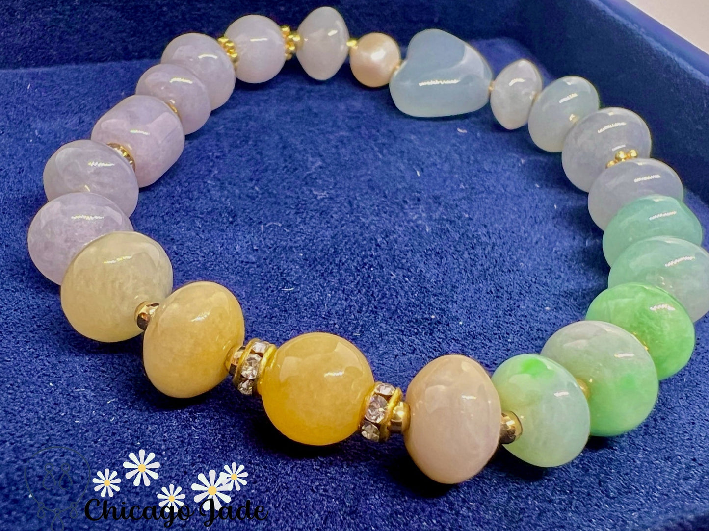 BB0008 Rainbow Jadeite Icy Blue Heart Beaded Bracelet - Chicago JadebeadedbraceletpearlChicago Jade