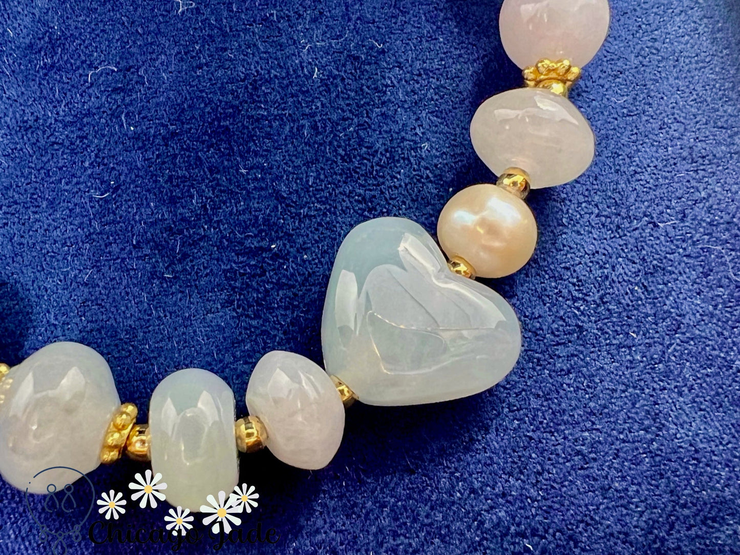 BB0008 Rainbow Jadeite Icy Blue Heart Beaded Bracelet - Chicago JadebeadedbraceletpearlChicago Jade