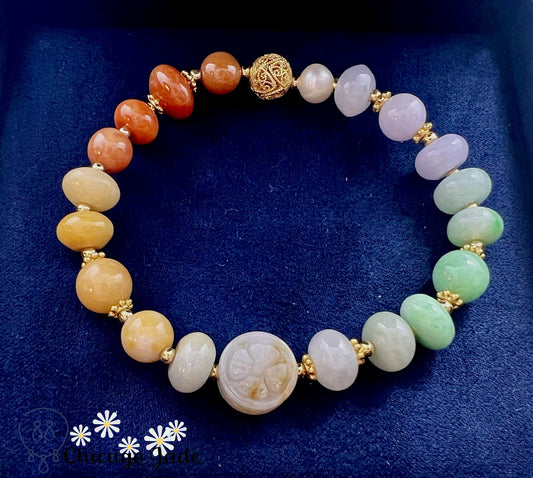 BB0009 Rainbow Jadeite Pearl Carved Flower Beaded Bracelet - Chicago JadebeadedbraceletdesignerChicago Jade