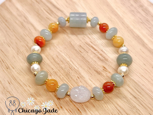 BB0016 Rainbow Jadeite Pearl Beaded Bunny Bracelet - Chicago JadebeadedbraceletdesignerChicago Jade