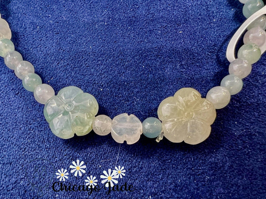 Blue White Jadeite and Flower Shaped Beaded Bracelet - Chicago JadebeadedbraceletdesignerChicago Jade