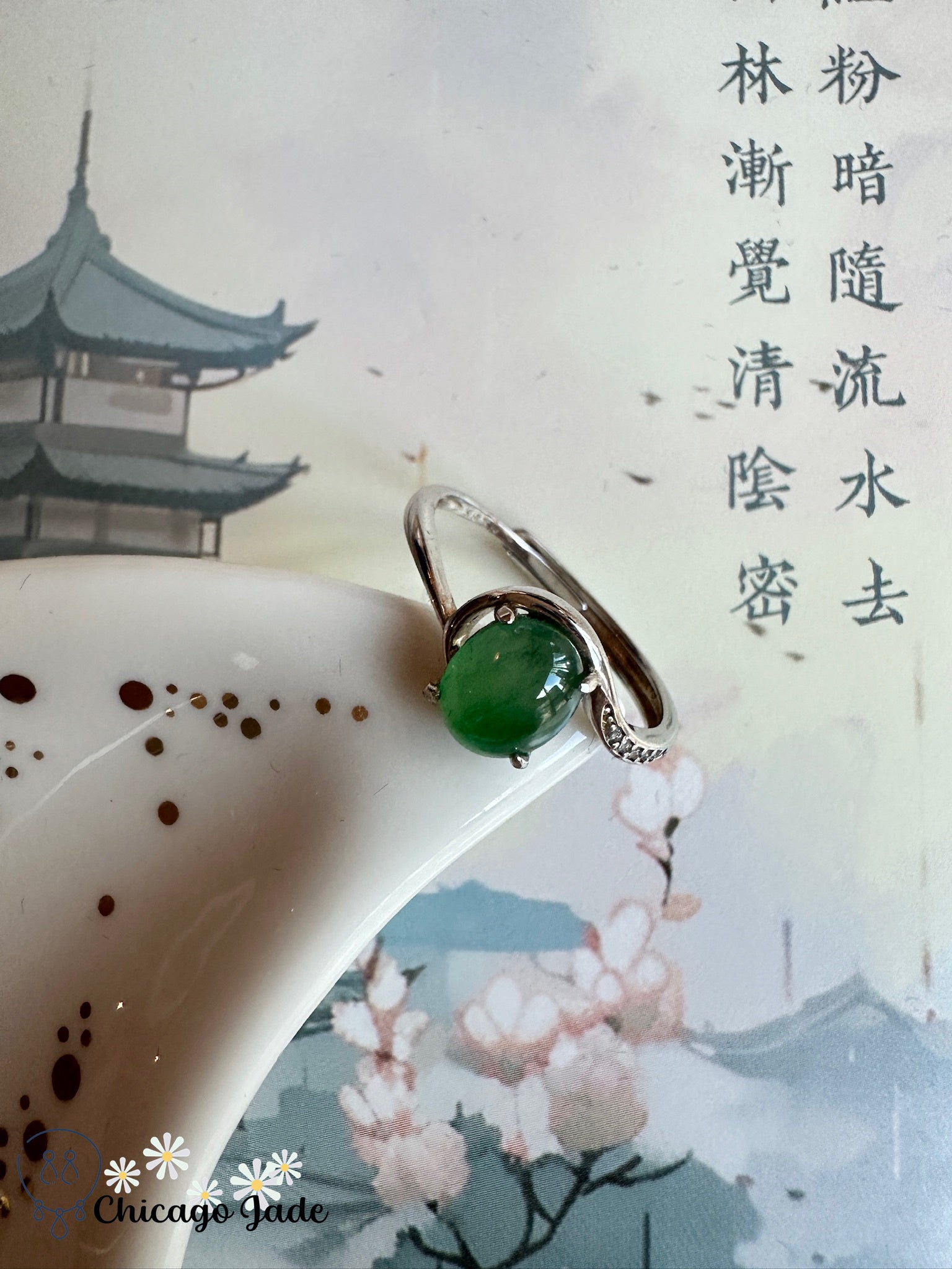 Bright green jadeite sterling silver ring with zircon - Chicago JaderingsilverChicago Jade