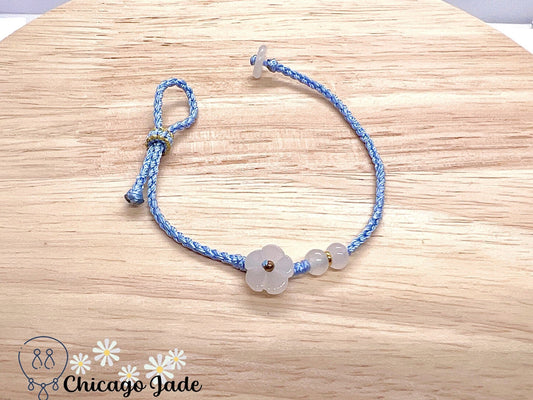 FB0009 Jadeite Flower on Blue Braided Bracelet - Chicago JadebraceletflowerropeChicago Jade