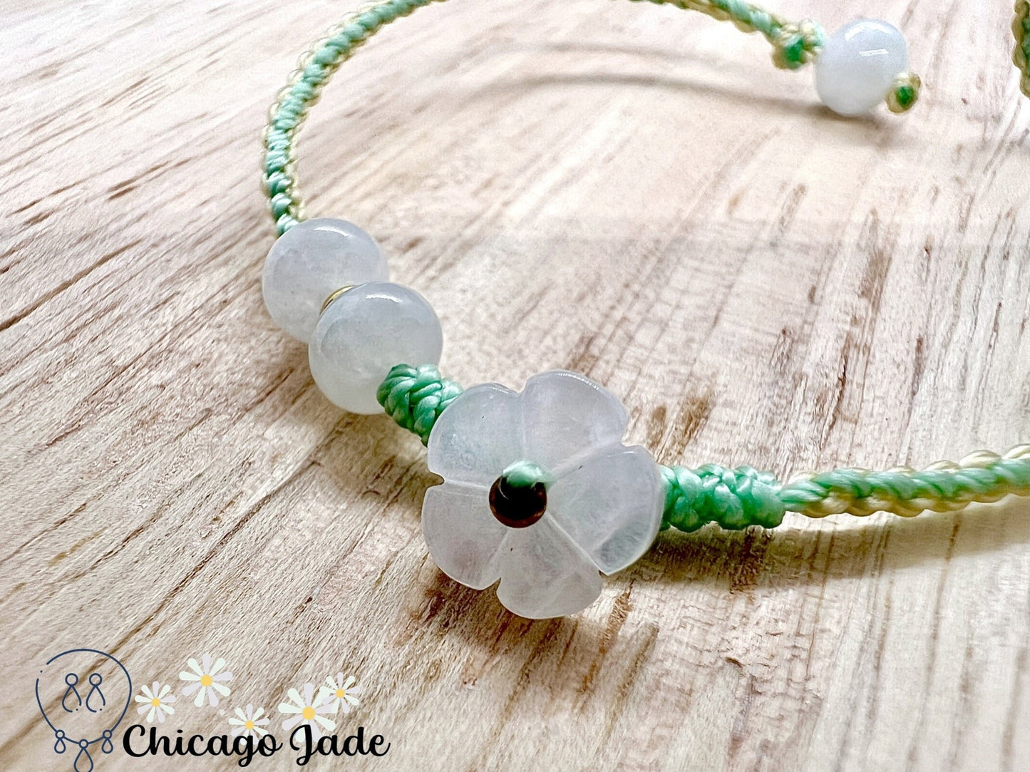 FB0012 Jadeite Flower on Grass Green and Yellow Braided Bracelet - Chicago JadebraceletflowerropeChicago Jade