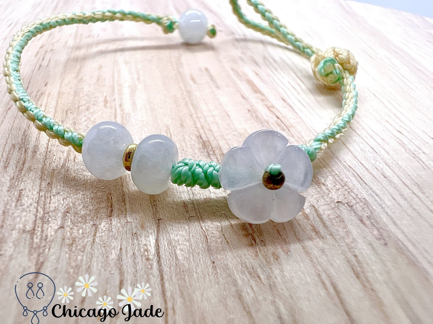 FB0012 Jadeite Flower on Grass Green and Yellow Braided Bracelet - Chicago JadebraceletflowerropeChicago Jade