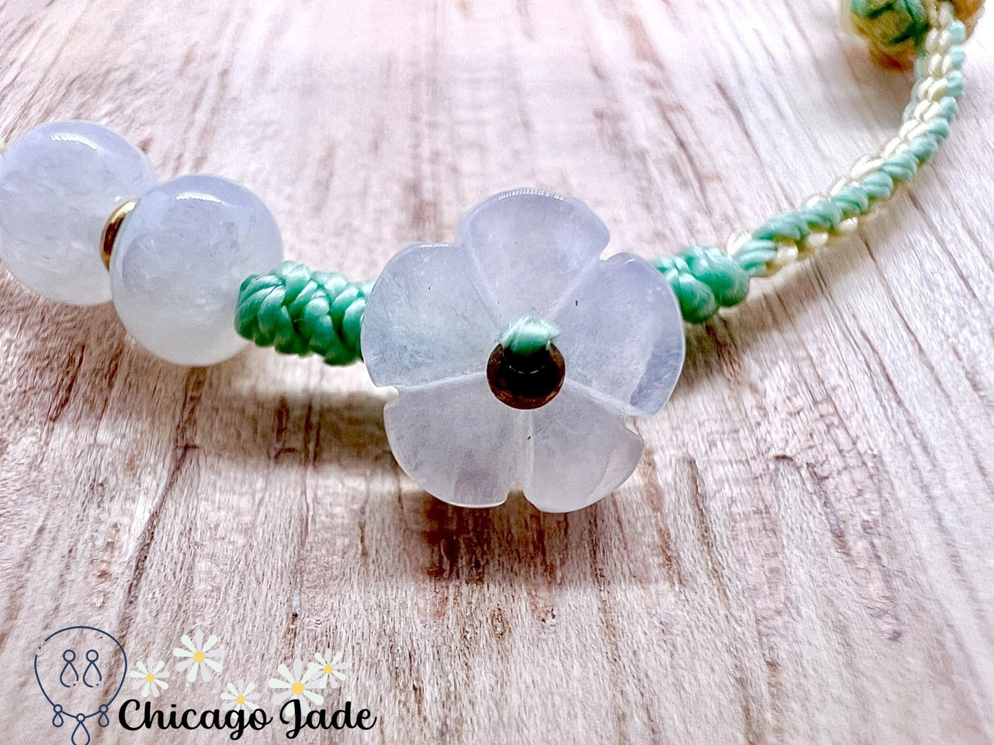 FB0012 Jadeite Flower on Grass Green and Yellow Braided Bracelet - Chicago JadebraceletflowerropeChicago Jade