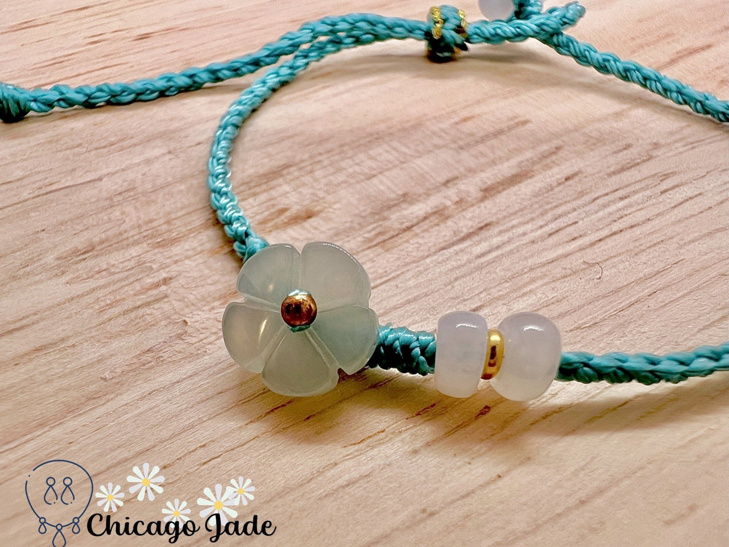 FB0014 Jadeite Flower on Teal Color Braided Bracelet - Chicago JadebraceletflowerropeChicago Jade