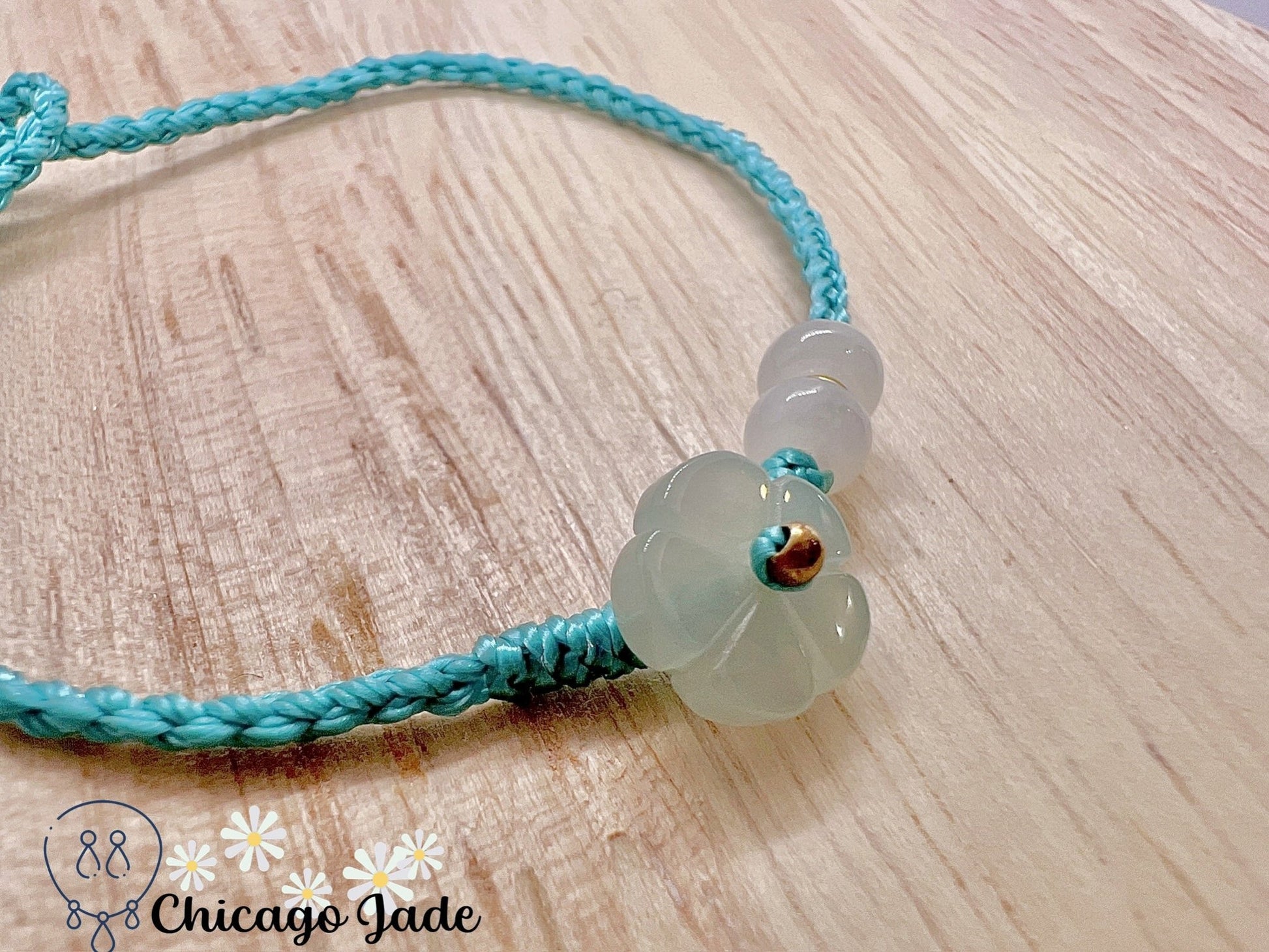 FB0014 Jadeite Flower on Teal Color Braided Bracelet - Chicago JadebraceletflowerropeChicago Jade