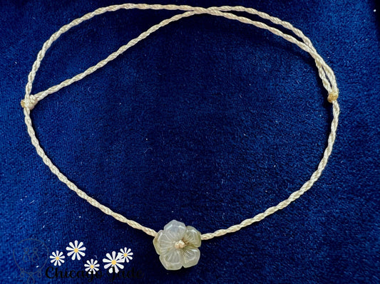 FB0041 Jadeite Cherry Blossom Flower on Cream Colored Braided Bracelet - Chicago JadebraceletflowerropeChicago Jade