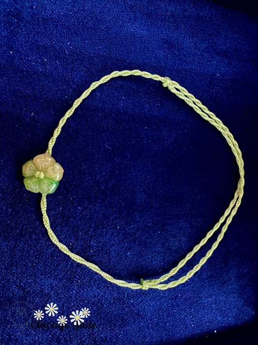 FB0042 Jadeite Cherry Blossom Flower on Green Braided Bracelet - Chicago JadebraceletflowerropeChicago Jade