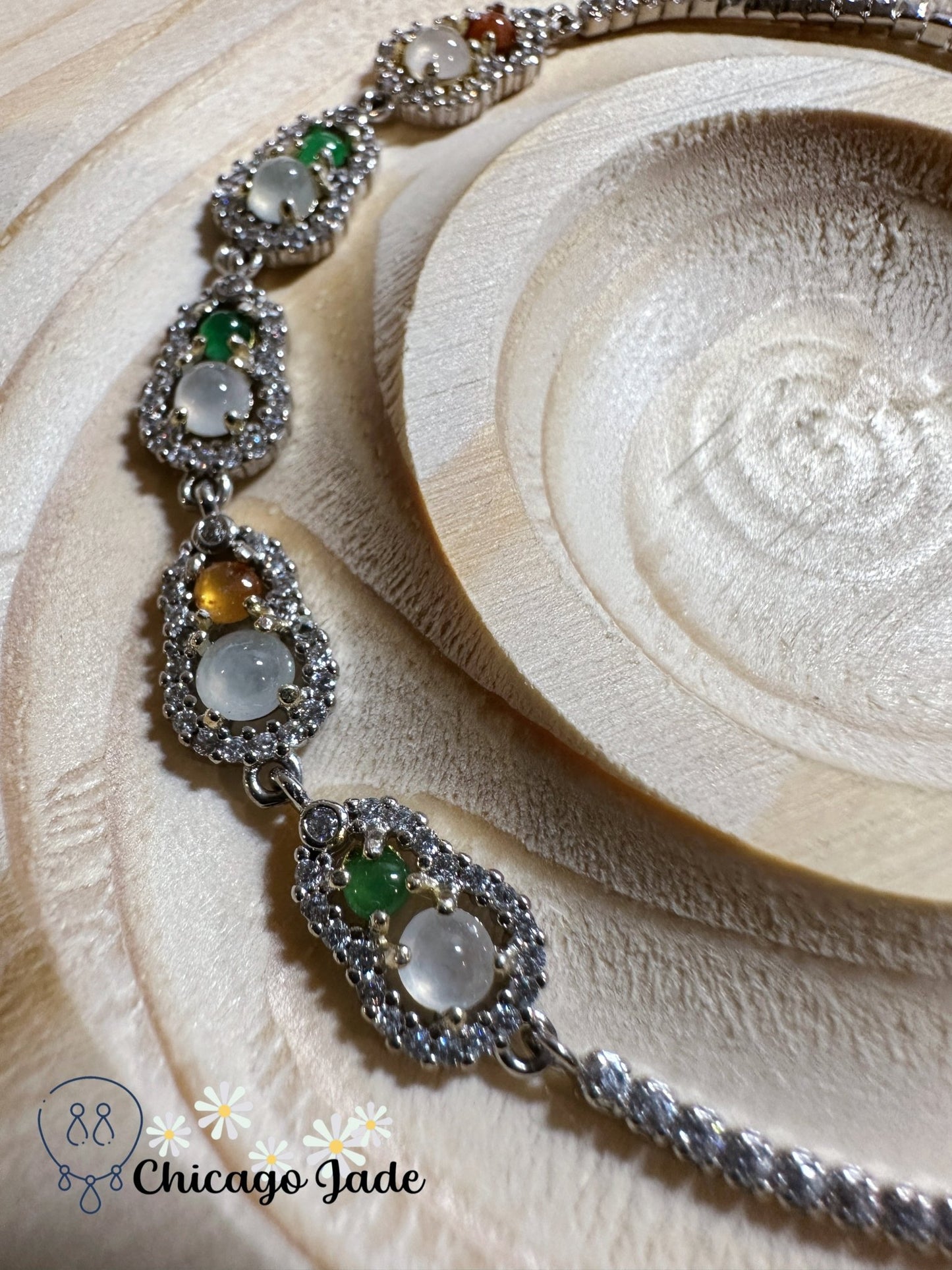 Green, icy and yellow jadeite jade stone on sterling S925 silver bracelet - Chicago Jadeanniversarybeadedbirthday giftChicago Jade