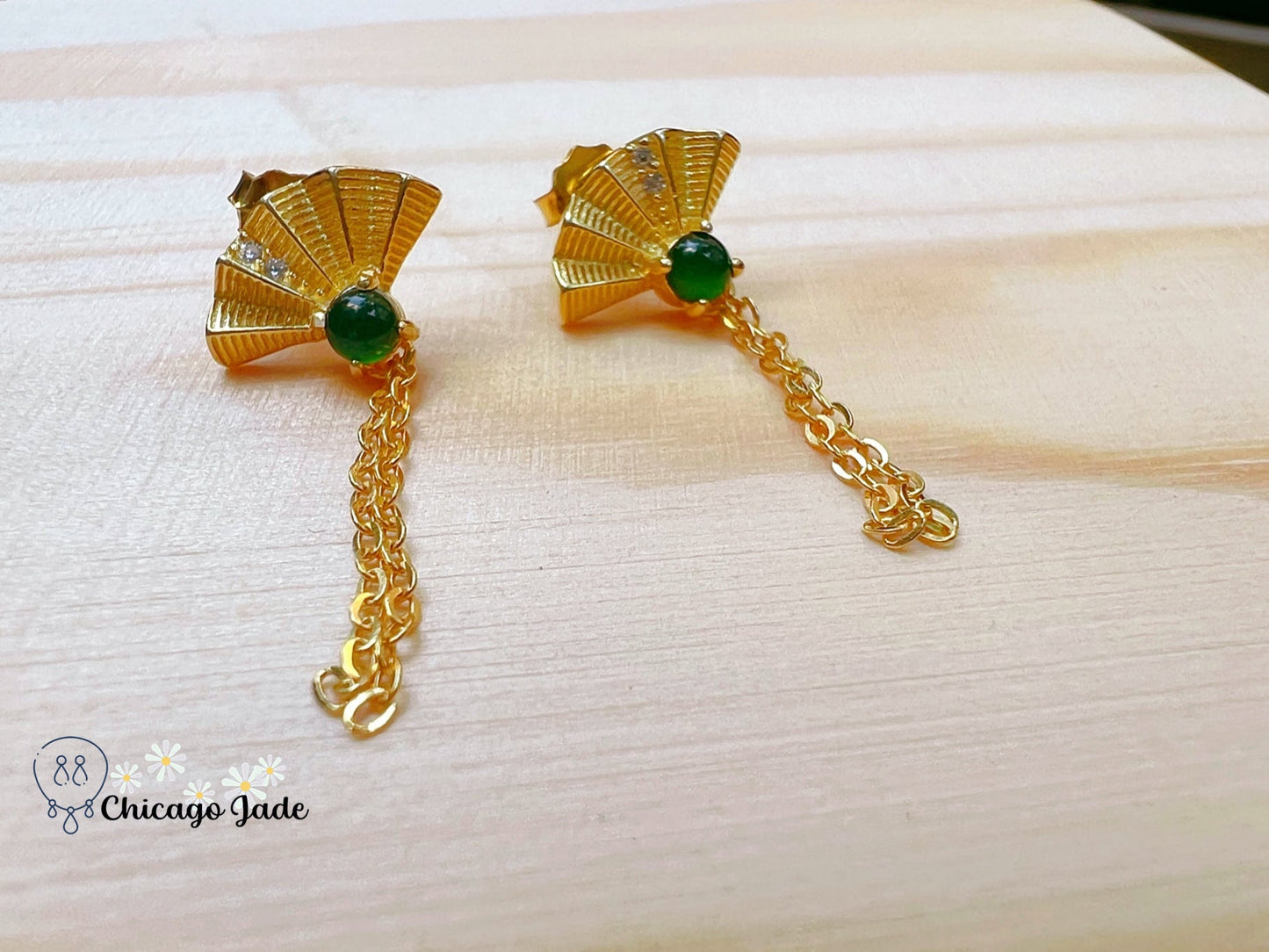 JE0005 Jadeite Earring Stud with Sterling Silver S925 Fan and Tassel 银镶危料 - Chicago JadeearringsilverChicago Jade
