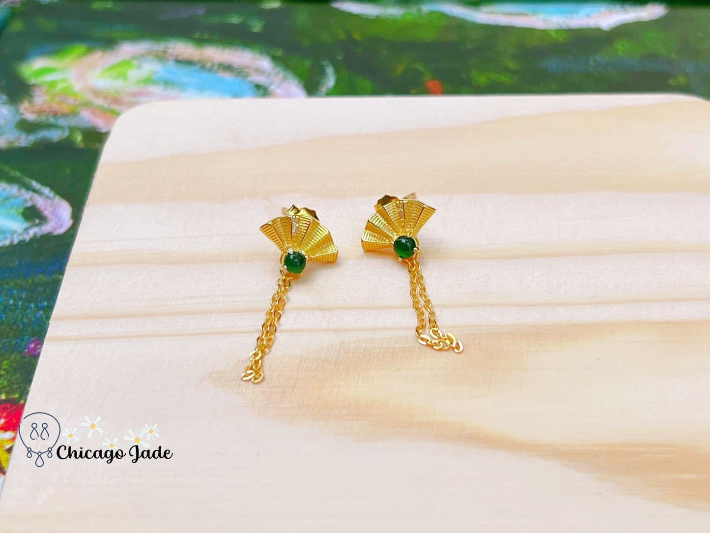 JE0005 Jadeite Earring Stud with Sterling Silver S925 Fan and Tassel 银镶危料 - Chicago JadeearringsilverChicago Jade