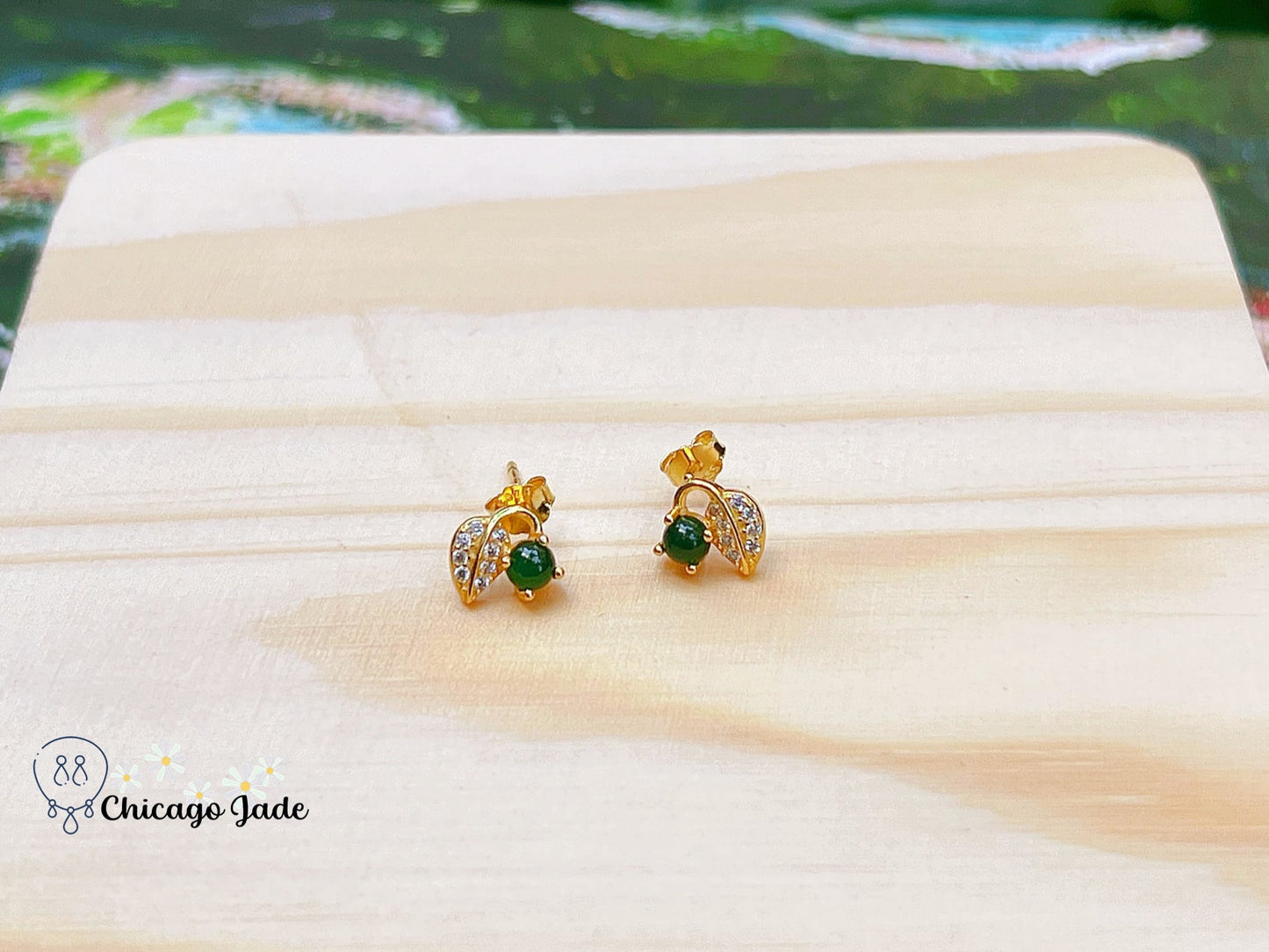 JE0009 Jadeite Sterling Silver S925 Earring Stud with Zircon Leaf gold plated 银镶危料 - Chicago JadeearringsilverChicago Jade