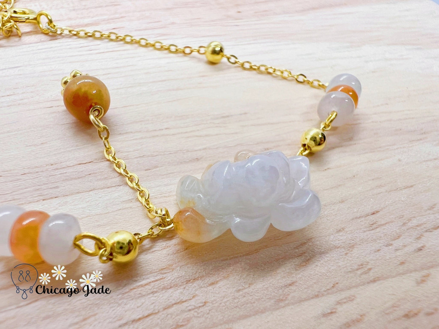 LB0028 Lotus Braided Bracelet缅料手工雕刻翡翠莲花手绳 - Chicago JadebraceletlotussilverChicago Jade