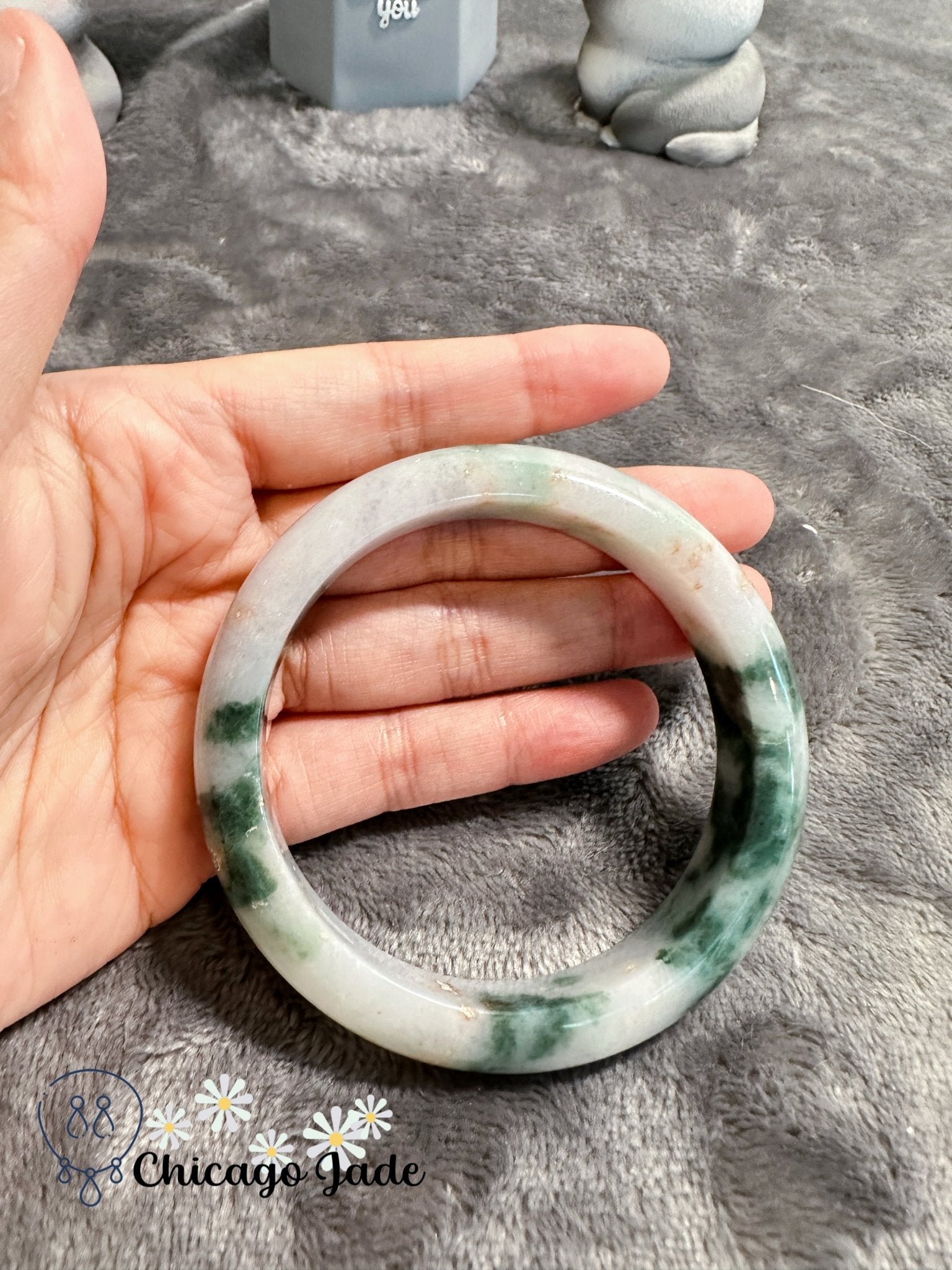 Light green base with clouds of green and touches of gold jadeite jade bangle (size XL) - Chicago Jadeanniversarybanglebirthday giftChicago Jade