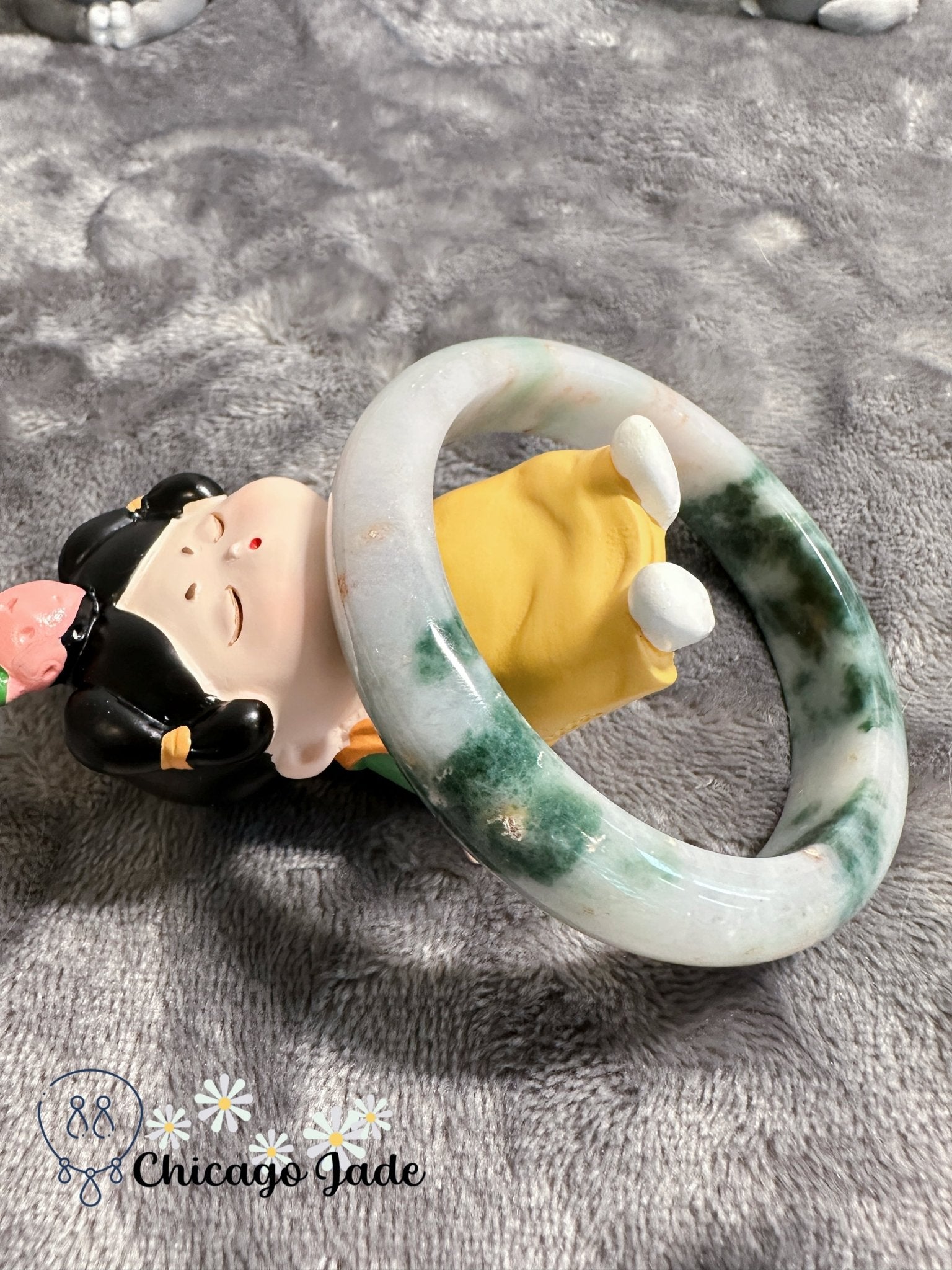 Light green base with clouds of green and touches of gold jadeite jade bangle (size XL) - Chicago Jadeanniversarybanglebirthday giftChicago Jade
