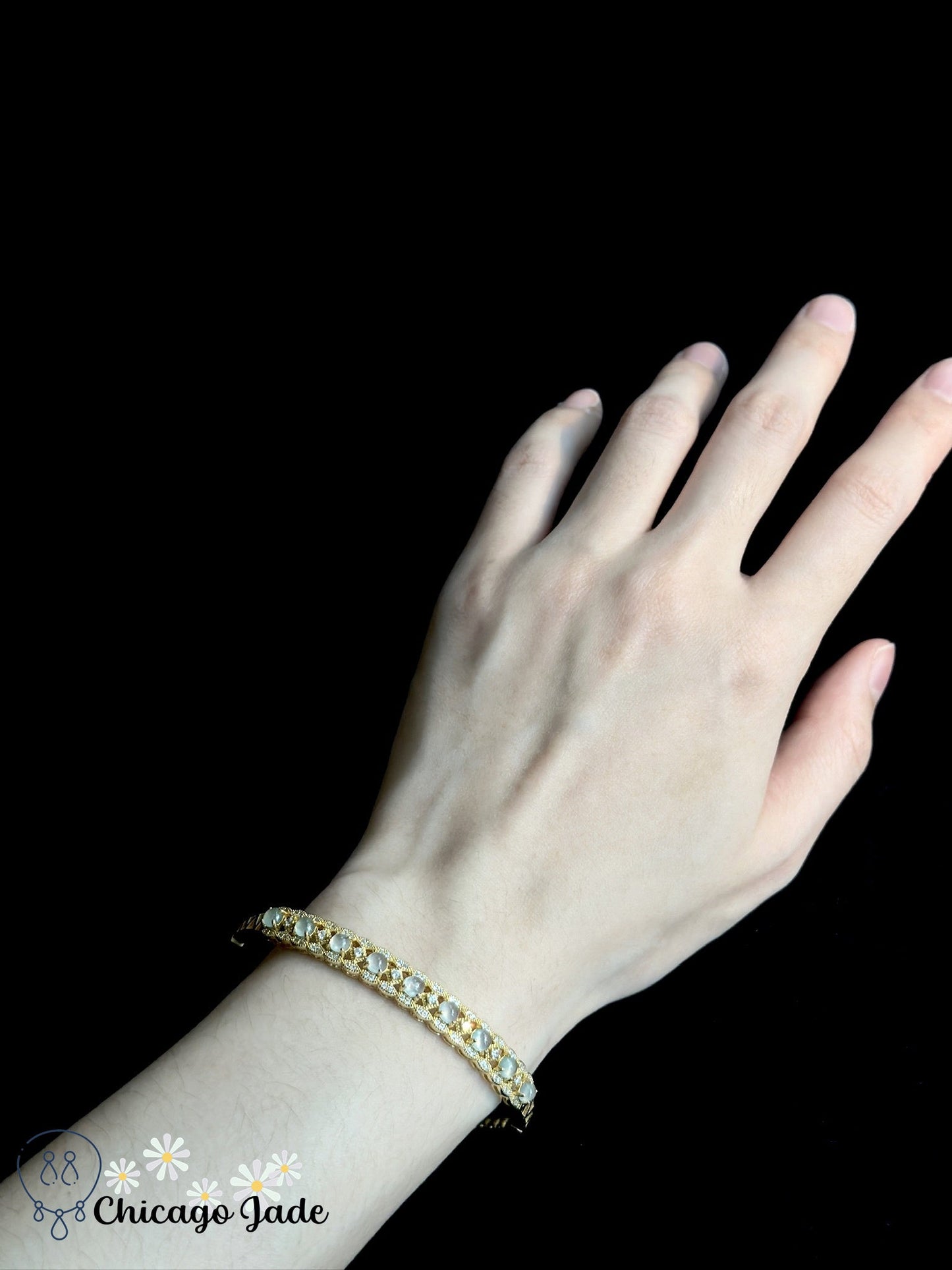 Luxury clear white jadeite jade and zircon in sterling silver bangle - Chicago JadebangledesignerholidayChicago Jade