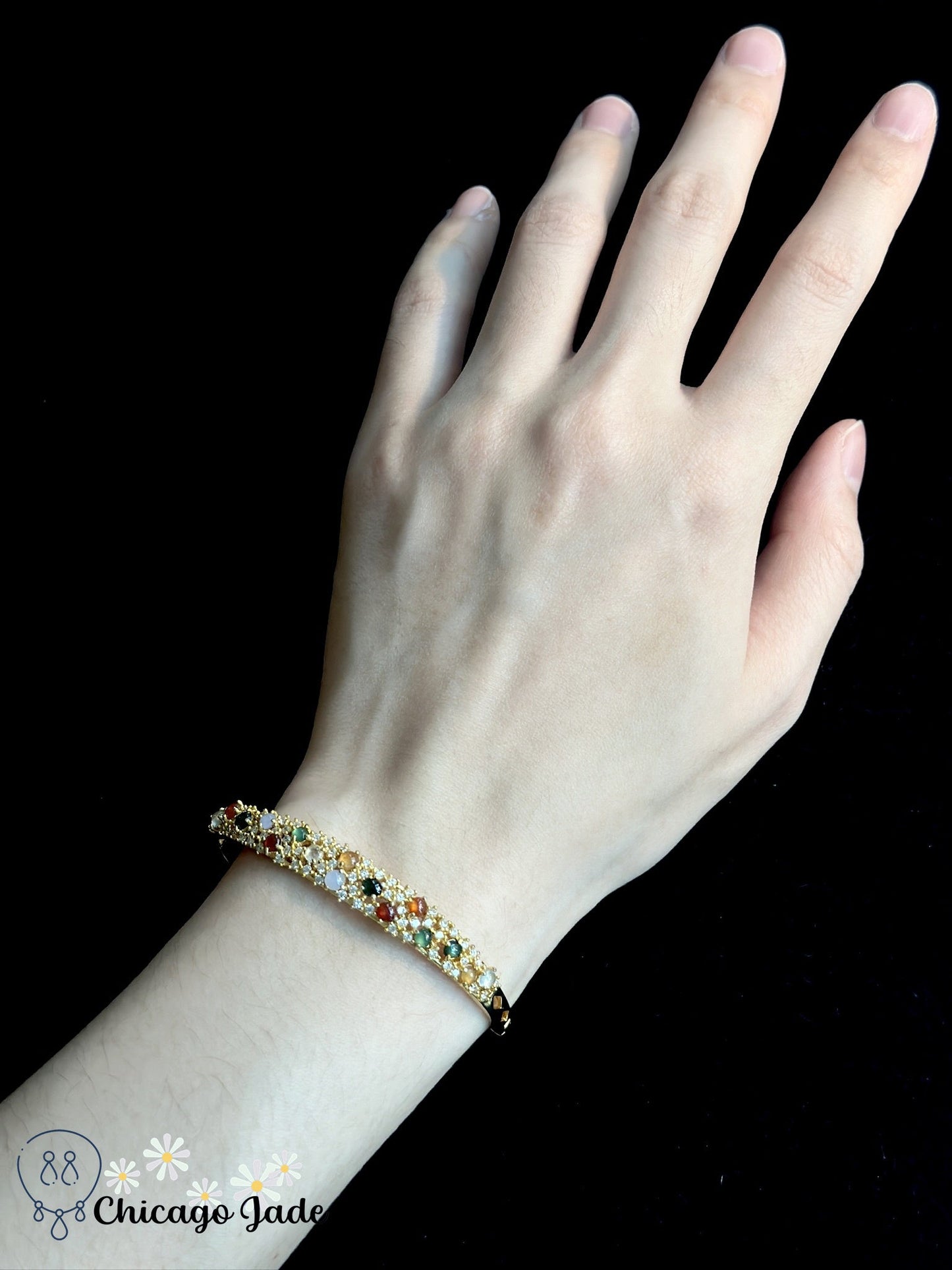 Luxury rainbow jadeite jade and zircon in sterling silver bangle - Chicago JadebangledesignerholidayChicago Jade