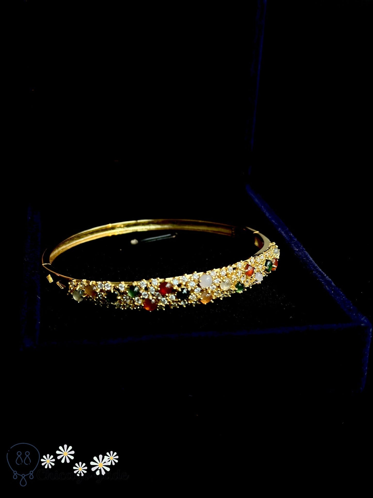 Luxury rainbow jadeite jade and zircon in sterling silver bangle - Chicago JadebangledesignerholidayChicago Jade