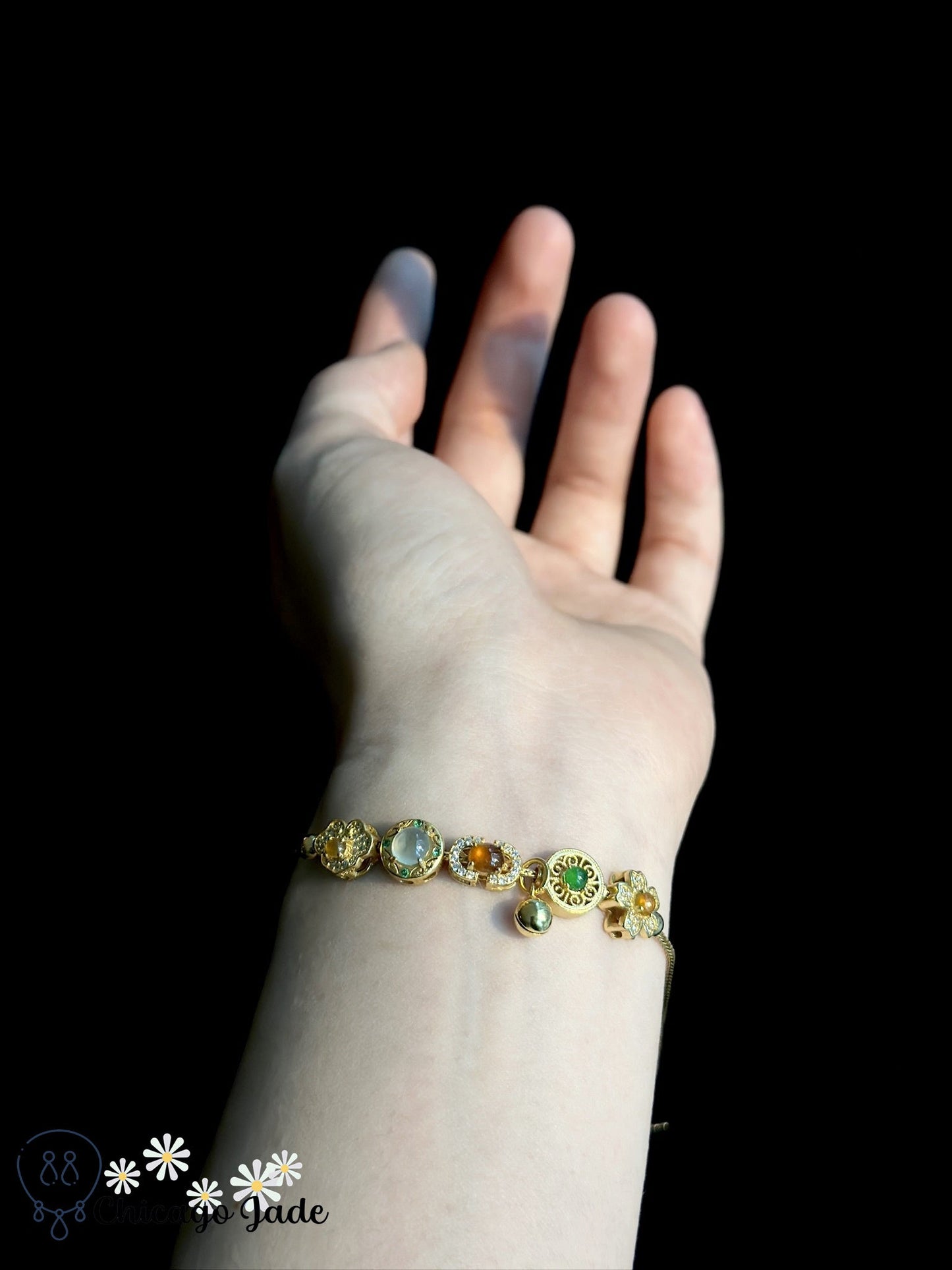 Luxury rainbow jadeite jade and zircon in sterling silver Classical Chinese symbols bracelet - Chicago JadebraceletdesignerholidayChicago Jade