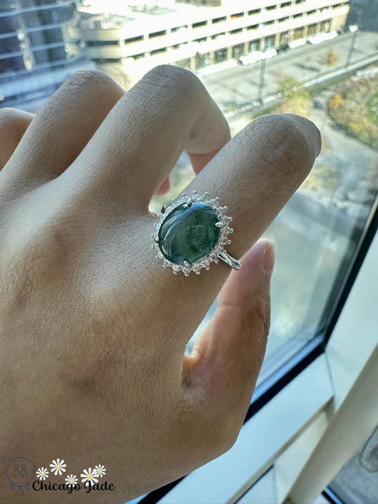 Oval Floral translucent dark green jadeite jade sterling silver ring with zircon halo - Chicago JaderingsilverChicago Jade