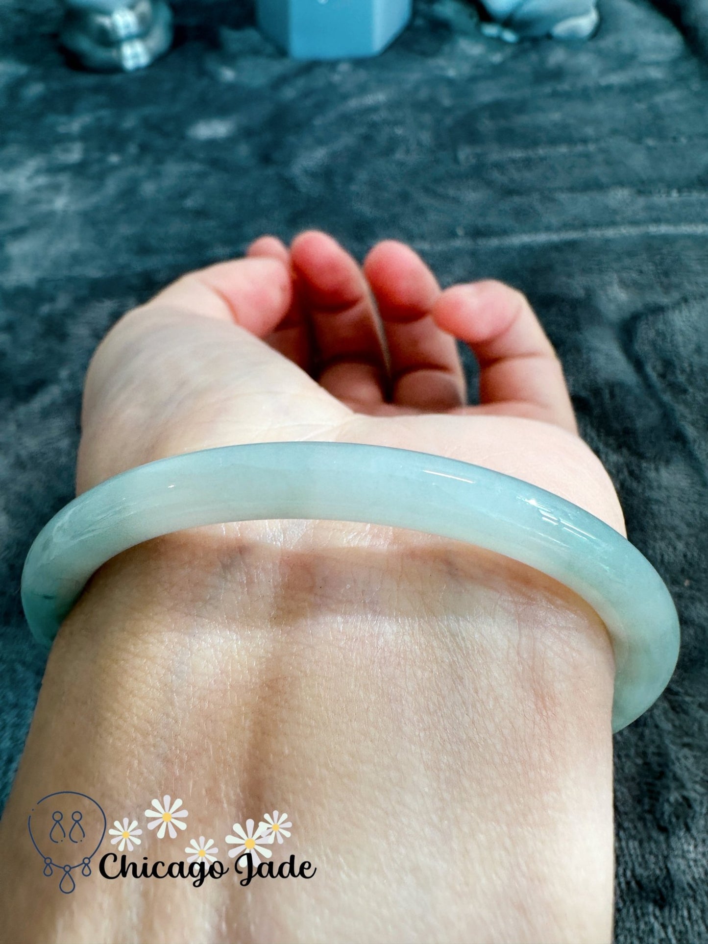 Perfect moonlight base round jadeite jade with a touch of green (size M) - Chicago Jadeanniversarybanglebirthday giftChicago Jade