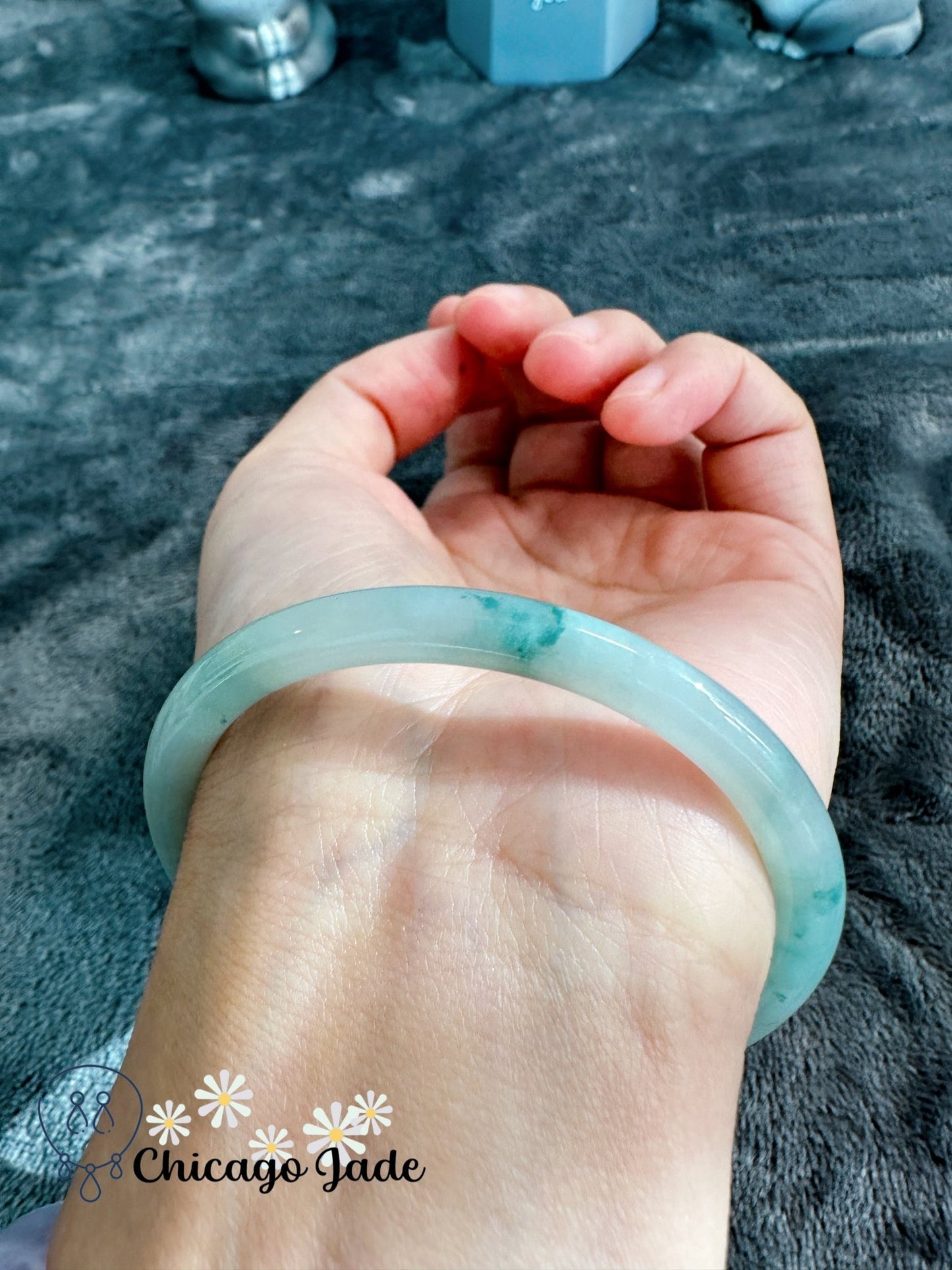 Perfect moonlight base round jadeite jade with a touch of green (size M) - Chicago Jadeanniversarybanglebirthday giftChicago Jade