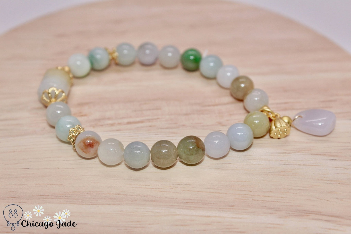Rainbow Jadeite beaded bracelet with dangles - Chicago JadeanniversarybeadedbraceletChicago Jade