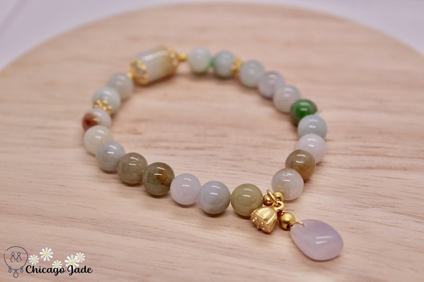 Rainbow Jadeite beaded bracelet with dangles - Chicago JadeanniversarybeadedbraceletChicago Jade