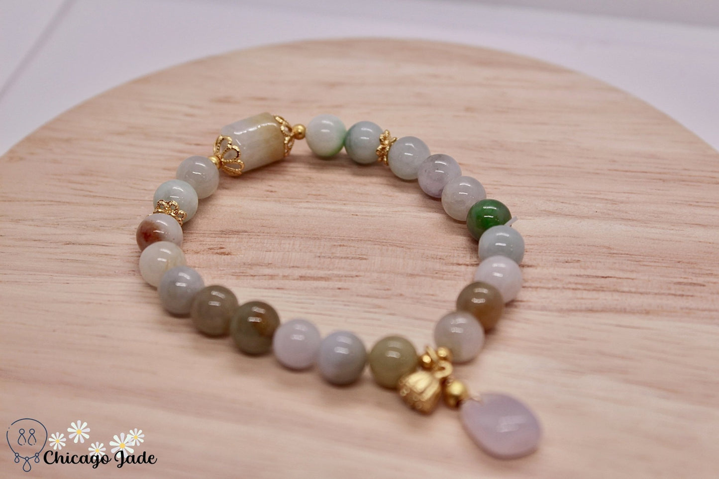 Rainbow Jadeite beaded bracelet with dangles - Chicago JadeanniversarybeadedbraceletChicago Jade