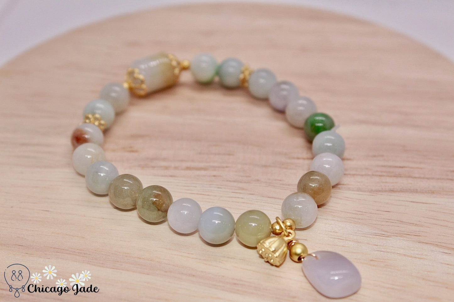 Rainbow Jadeite beaded bracelet with dangles - Chicago JadeanniversarybeadedbraceletChicago Jade