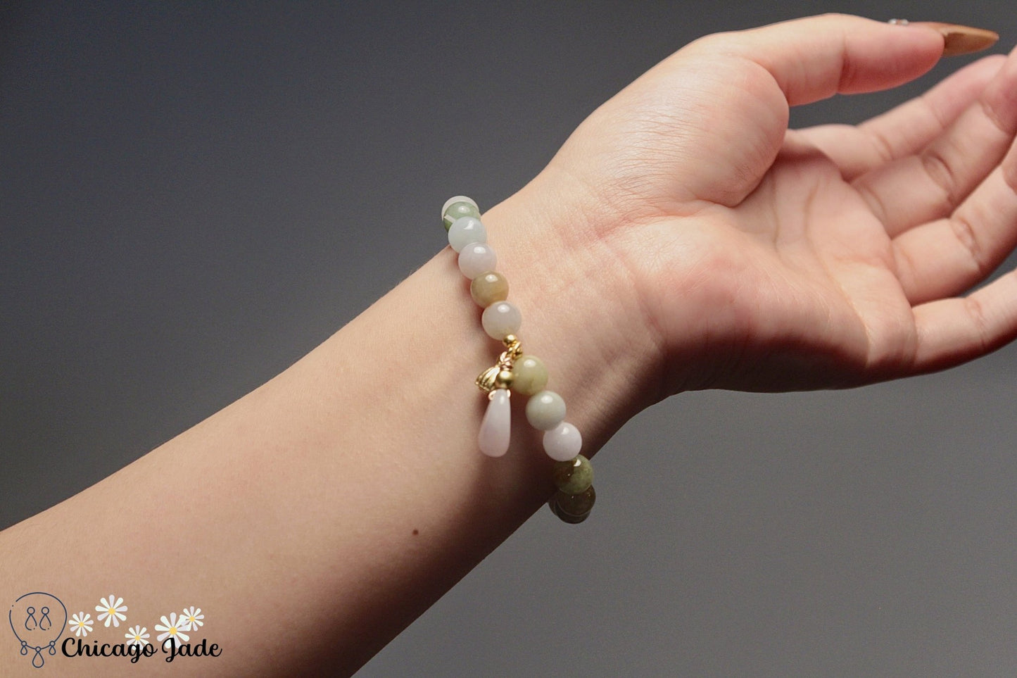 Rainbow Jadeite beaded bracelet with dangles - Chicago JadeanniversarybeadedbraceletChicago Jade