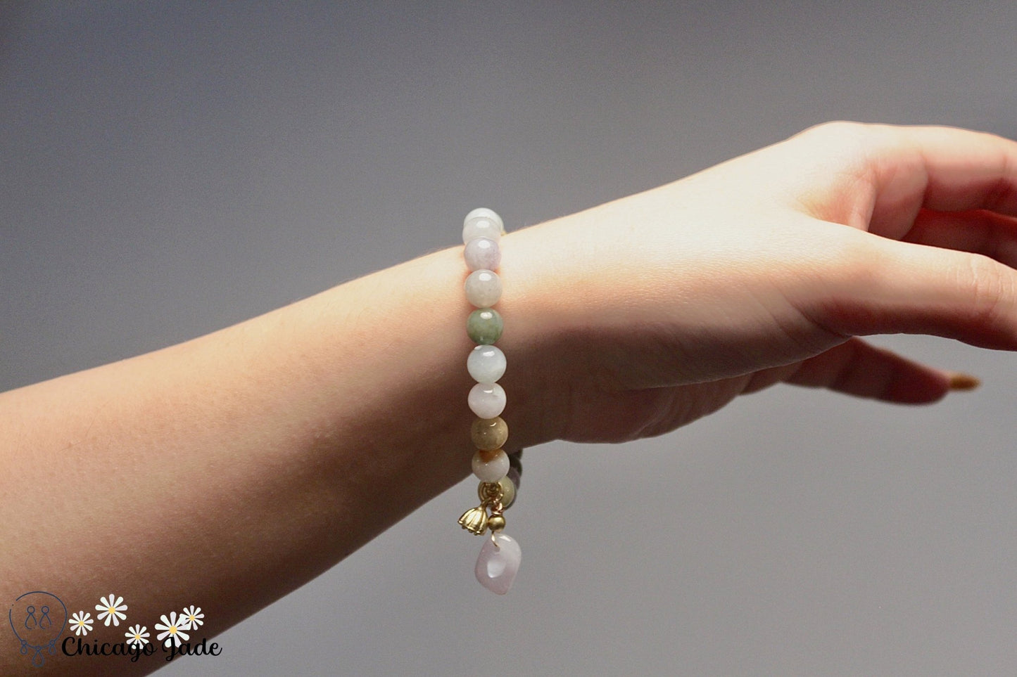 Rainbow Jadeite beaded bracelet with dangles - Chicago JadeanniversarybeadedbraceletChicago Jade
