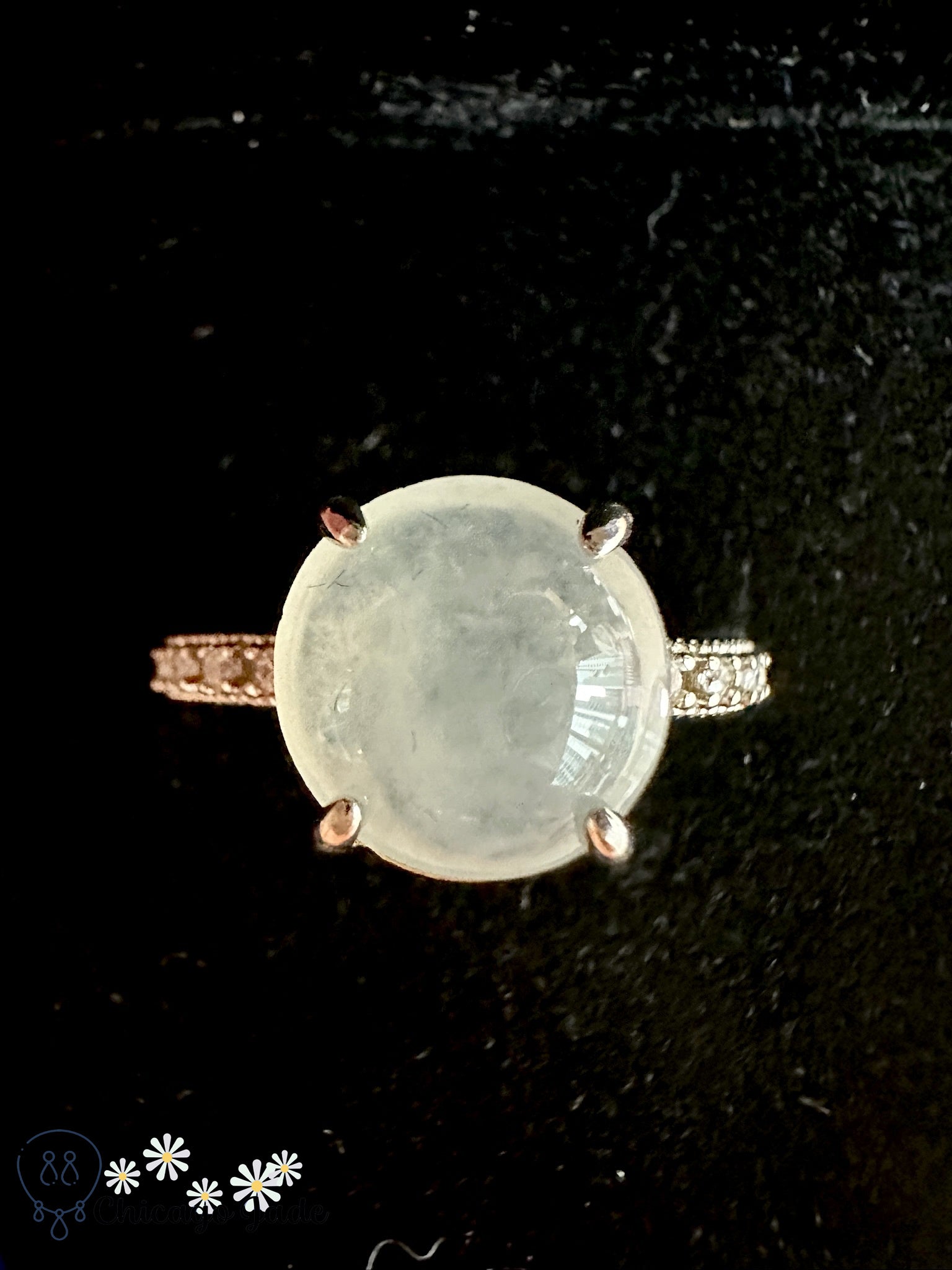 Round translucent moonlight white jadeite on sterling silver ring with zircon - Chicago JaderingsilverChicago Jade