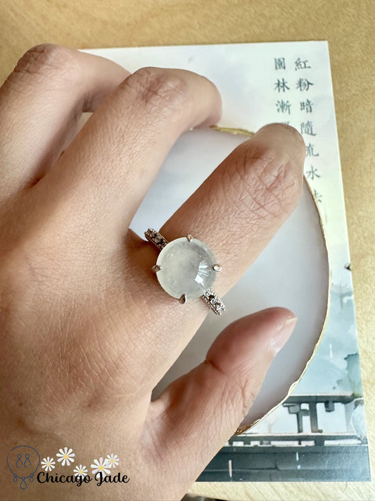 Round translucent moonlight white jadeite on sterling silver ring with zircon - Chicago JaderingsilverChicago Jade