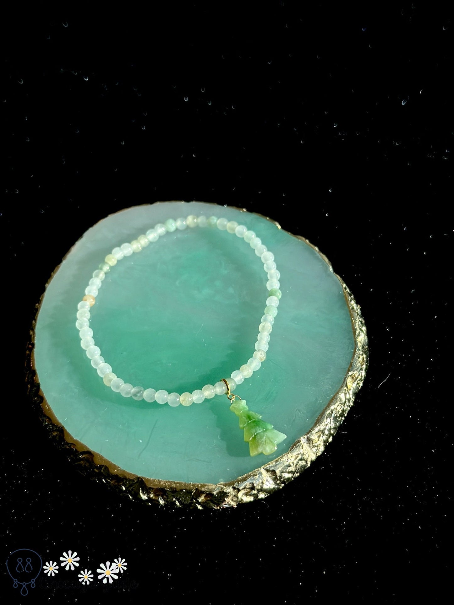 White green jadeite jade beads with Christmas tree dangle bracelet - Chicago JadebeadedbraceletholidayChicago Jade