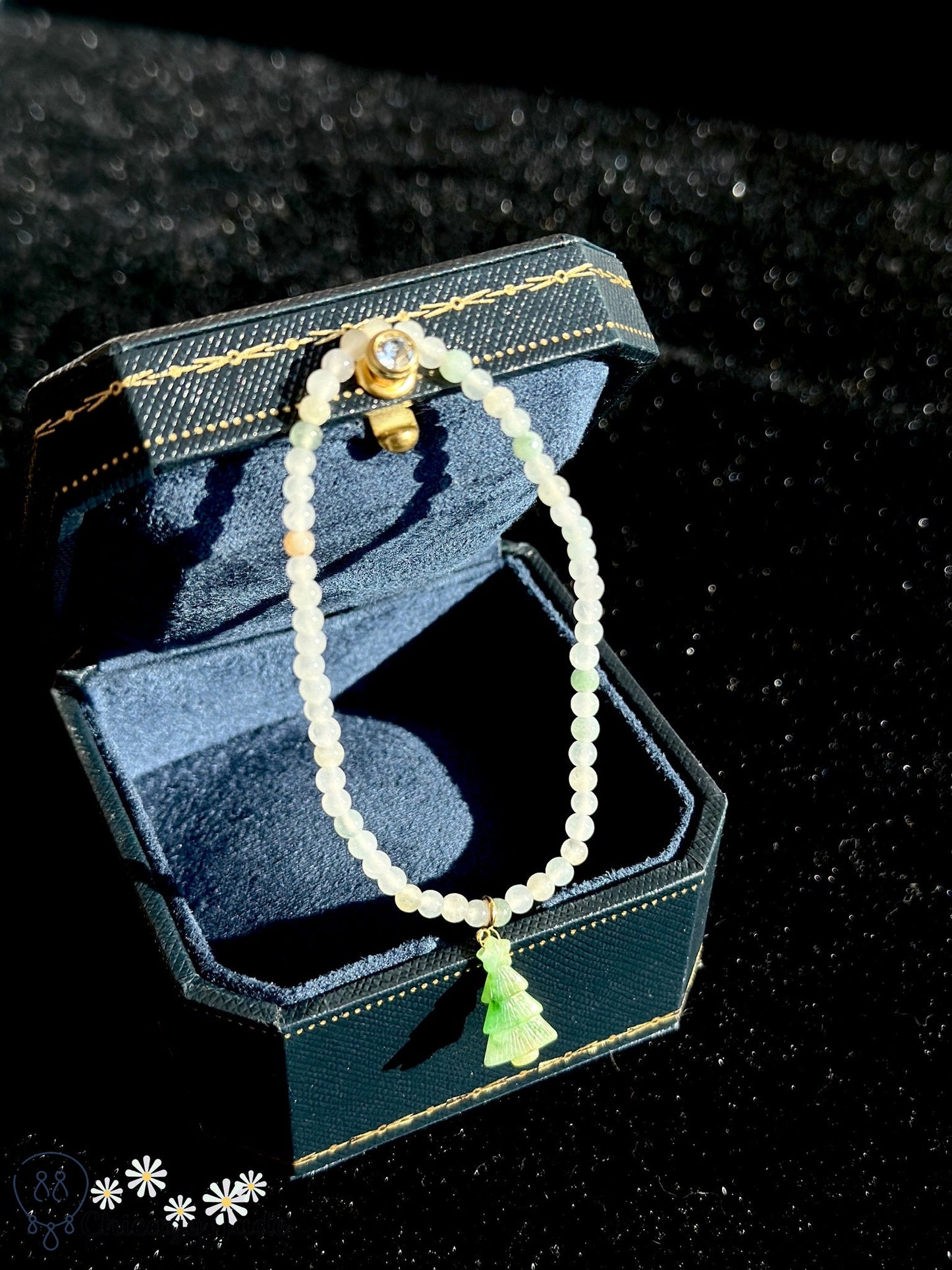 White green jadeite jade beads with Christmas tree dangle bracelet - Chicago JadebeadedbraceletholidayChicago Jade
