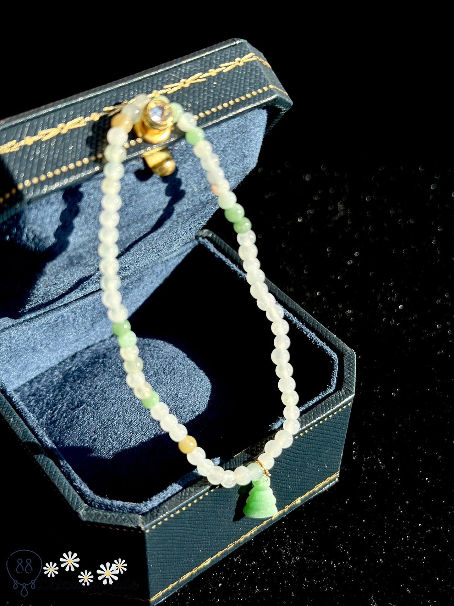White green jadeite jade beads with Christmas tree dangle bracelet - Chicago JadebeadedbraceletholidayChicago Jade