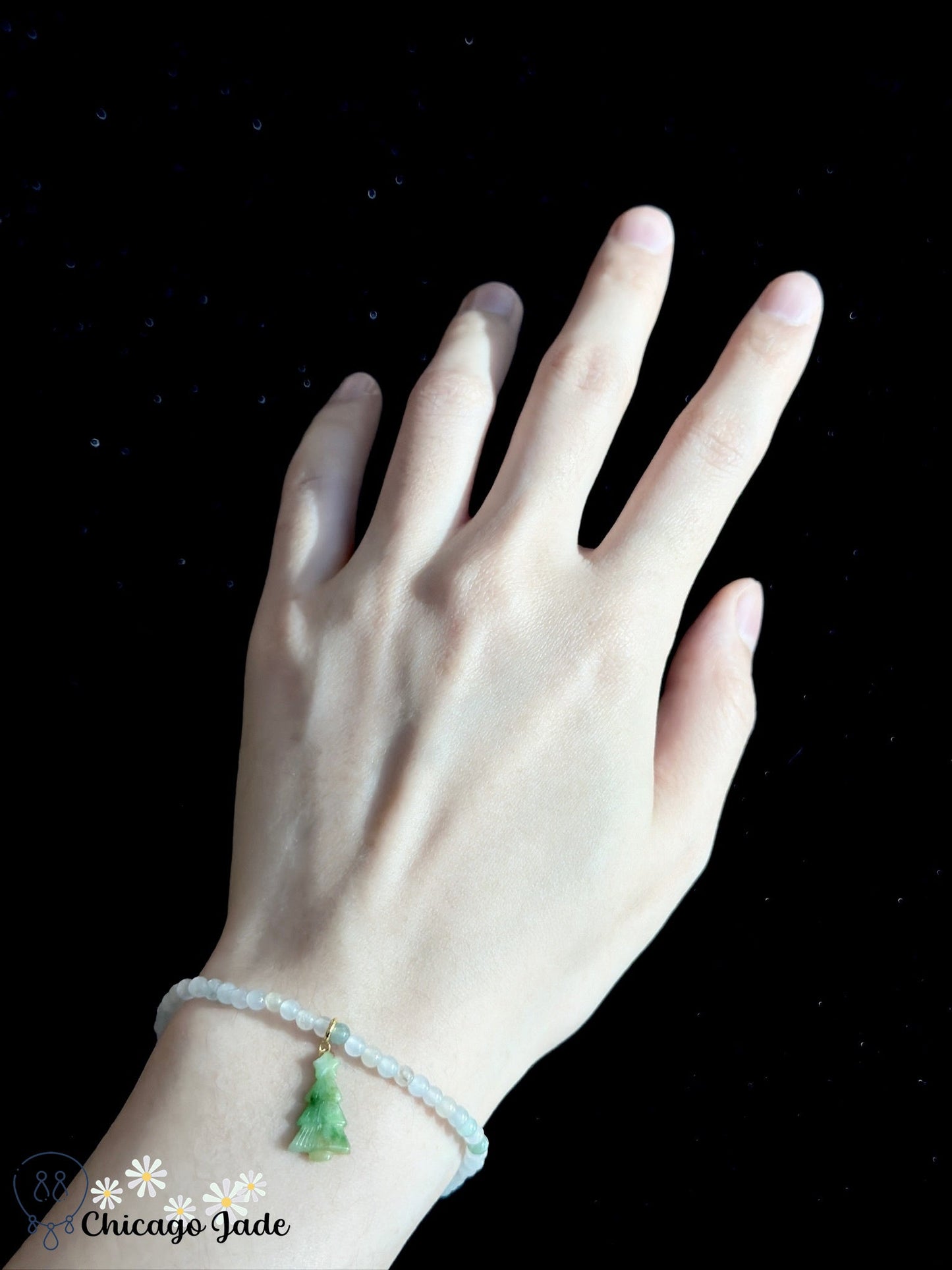 White green jadeite jade beads with Christmas tree dangle bracelet - Chicago JadebeadedbraceletholidayChicago Jade