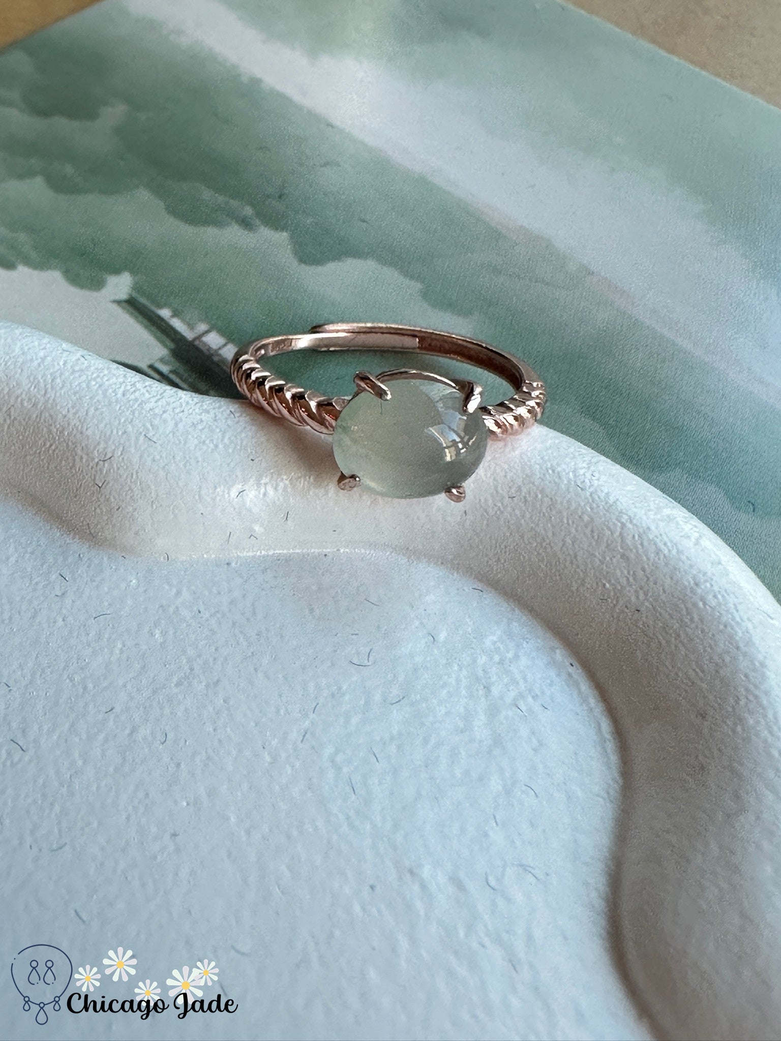 White jadeite jade on rose gold plated sterling silver twisted band ring - Chicago JaderingsilverChicago Jade