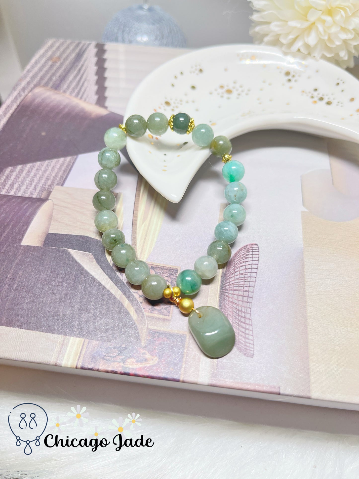 Grass Green Lake Green Natural Jadeite Jade Feicui Beaded Bracelet with Matching Dangle Handmade Gift Ready